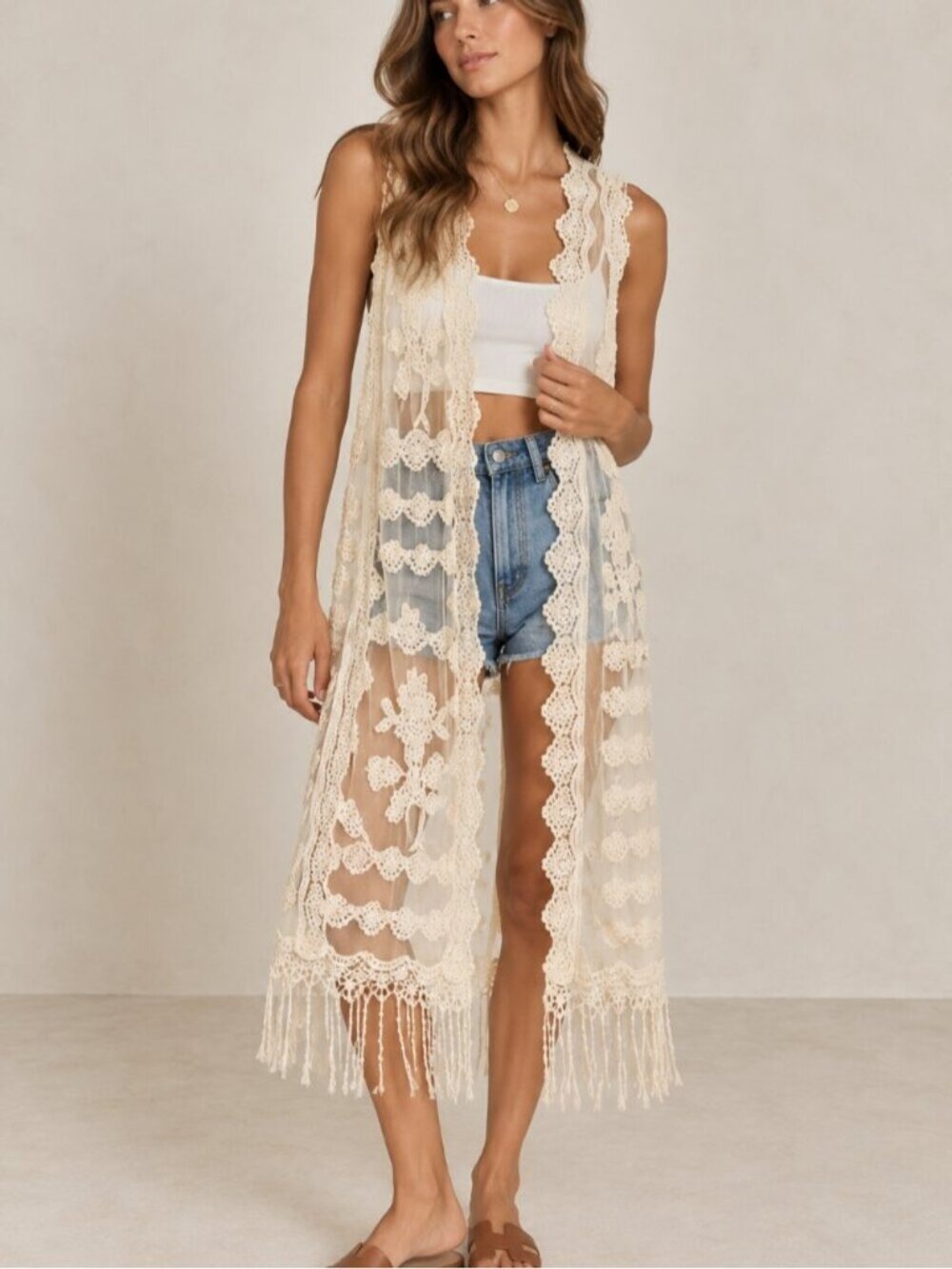 Cream Lace Crochet Duster Vest Size S Floral Embroidered Fringe Boho Long 0762